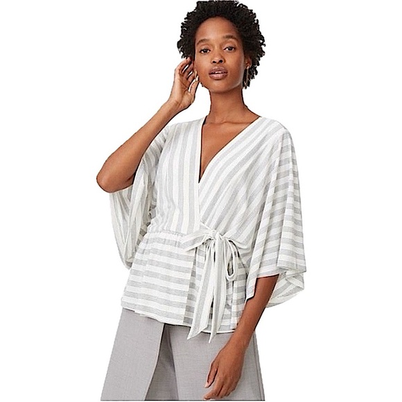 CLUB MONCAO JADYN KIMONO TOP BLOUSE BOW STRIPE CREAM IVORY OFF-WHITE BLACK XS - Picture 1 of 9